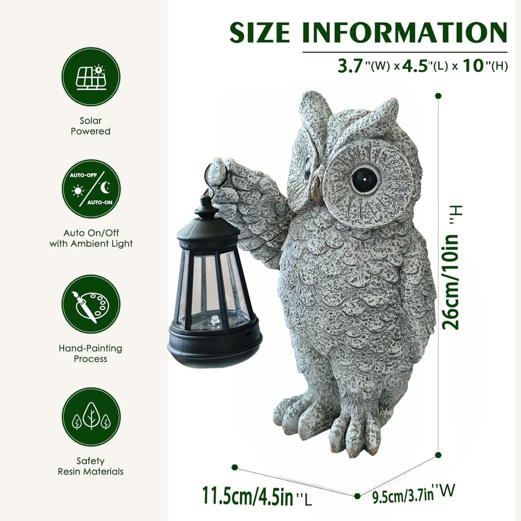 Solar Owl Garden Statue with LED Lantern, Waterproof Outdoor Resin Figurine (Grey Owl)
