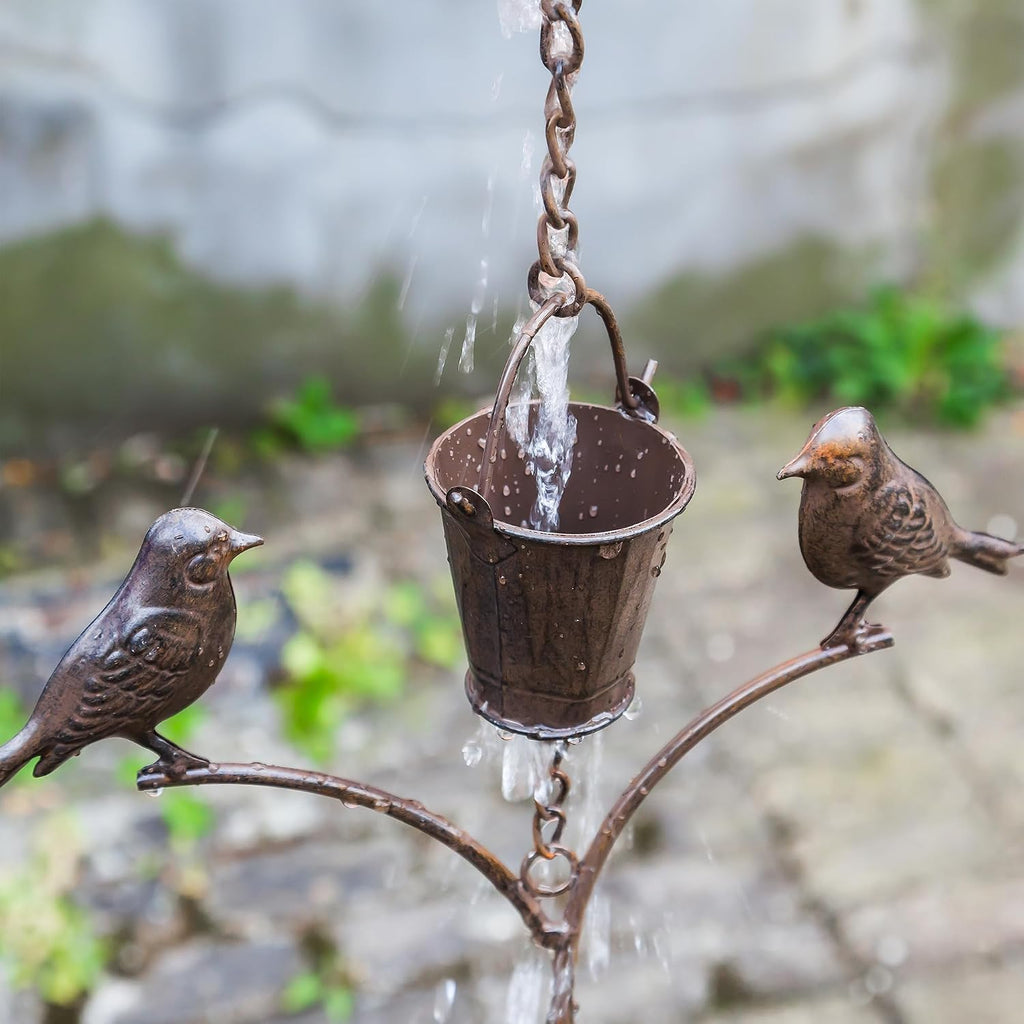 Topadorn 6.3 FT Rain Chain for Gutters, Metal Bird & Bucket, Bronze Finish | Decorative Gutter Chain with Bird and