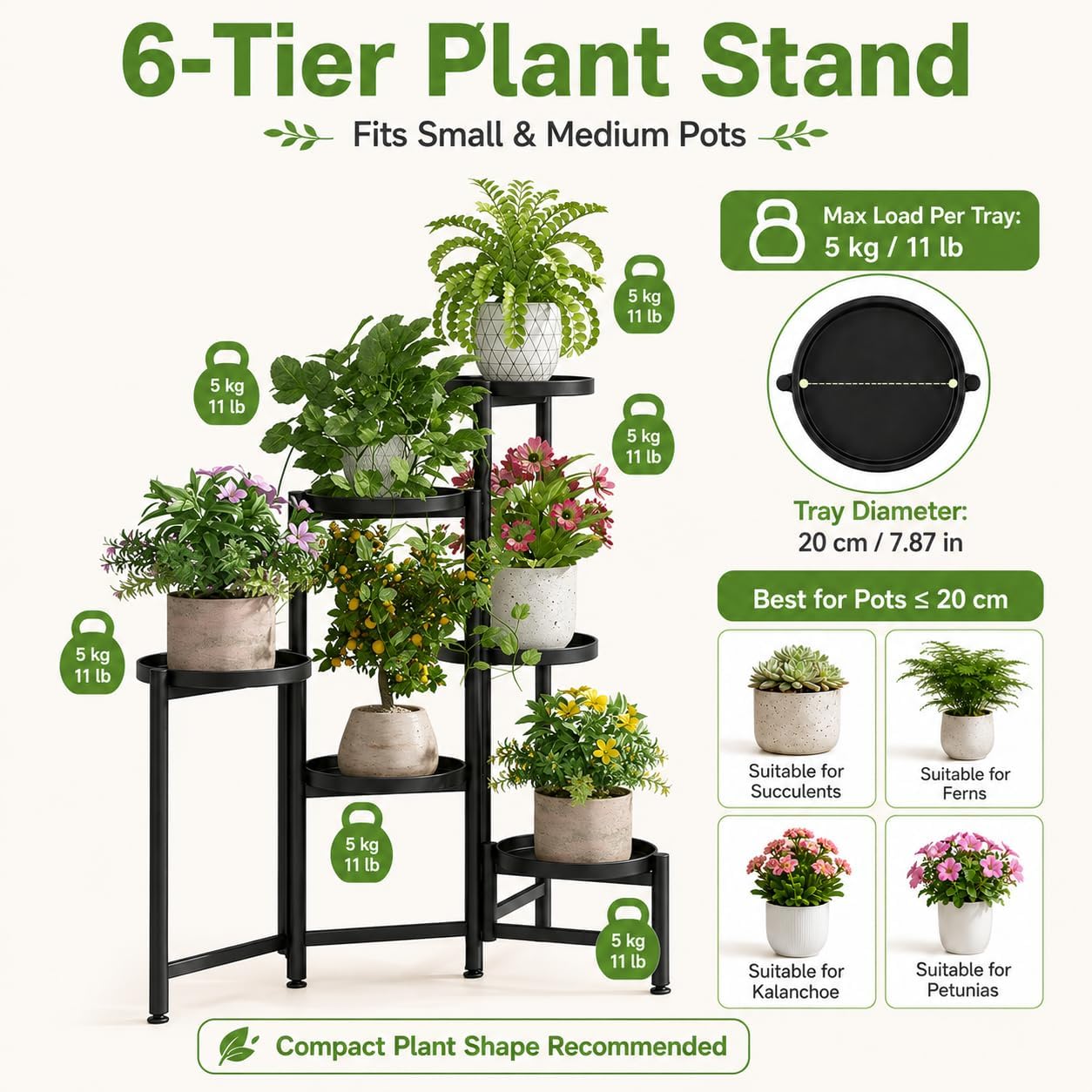Plant Stand Indoor Outdoor, Gardening Tools& Plant Label, 6 Tier Folding Metal Plant Shelf, 6 Pot, 66LB, Corner Plant