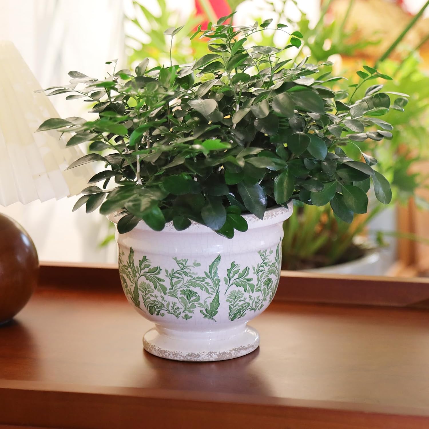 Vintage Ceramic Planter Pot with Drainage, 6.8 Inch Large Crackle Glaze Flower Pot with Green Floral Leaf Pattern for