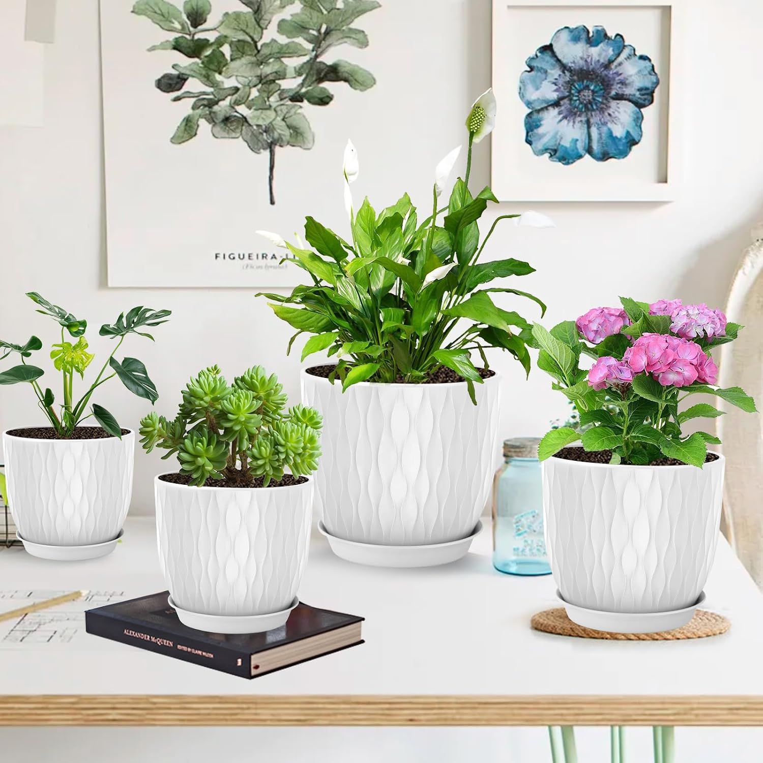 Plastic Plant Pots 10/9/8/7.5/7 inch Set of 5, Flower Planters with Drainage Holes and Saucers, Plastic Pots for Indoor