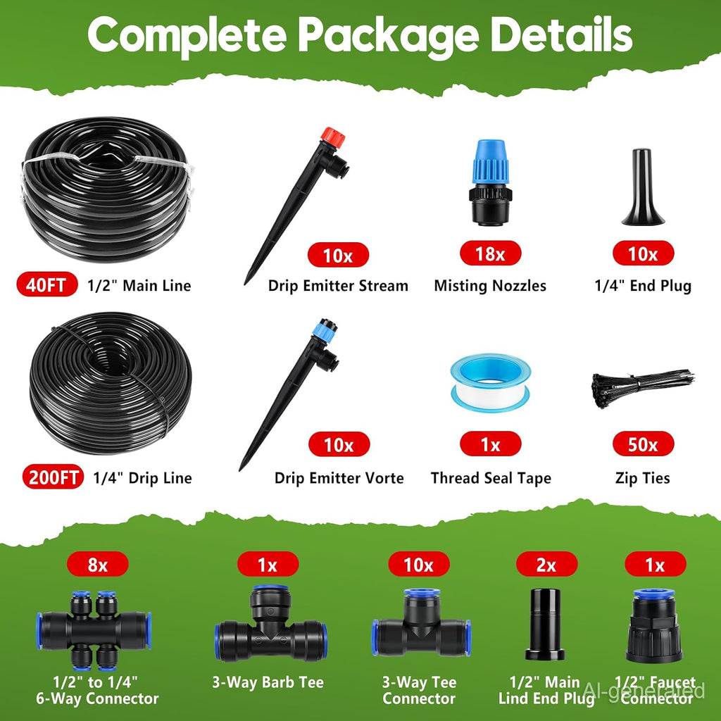 240FT Drip Irrigation System Kit, Automatic Garden Watering System | Quick-Connect Adjustable Sprinklers for Raised