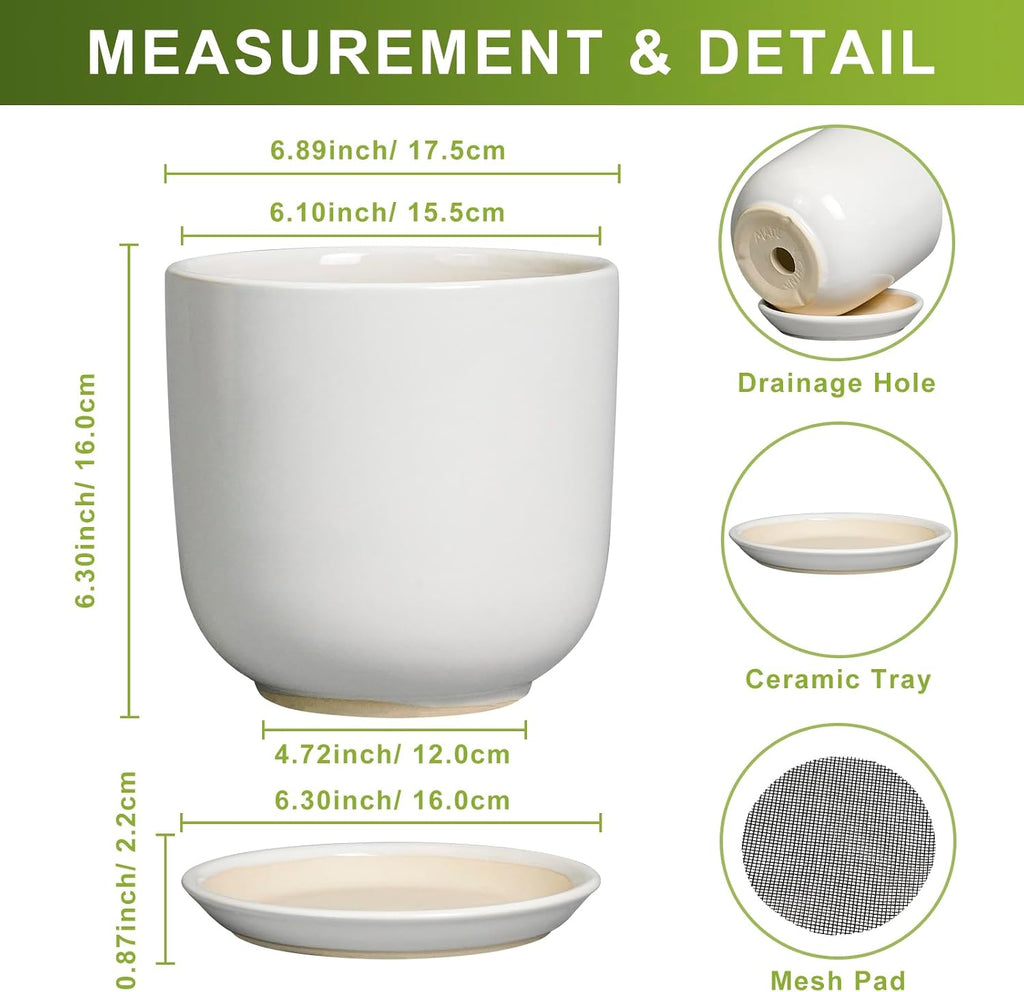 Ceramic Pot for Plants 7 Inch - Modern Round Indoor Outdoor Planter with Drainage Hole and Saucer, Home House Office