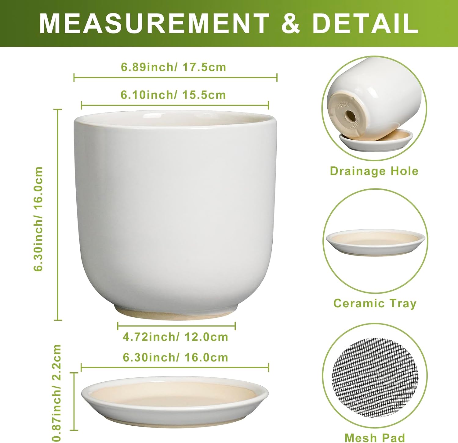 Ceramic Pot for Plants 7 Inch - Modern Round Indoor Outdoor Planter with Drainage Hole and Saucer, Home House Office