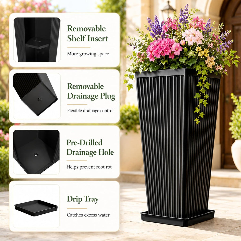 24" Tall Planters for Outdoor Plants Set of 2 Square Fluted,Black | Textured Finishes Tapered Modern Large