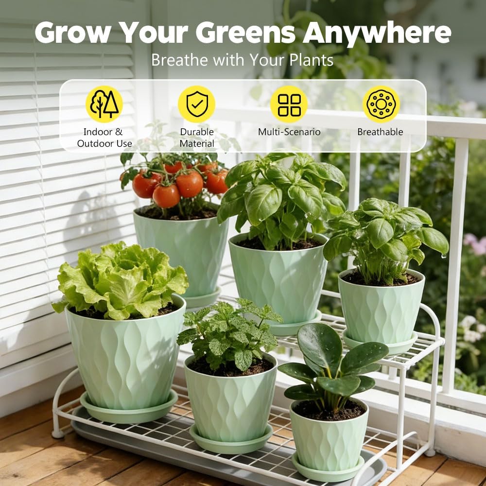 Plant Pots, Self Watering Planters with Drainage Holes and Trays, Flower Pots for Indoor Outdoor - 6 Pack(4/5/6/6.5/7/8
