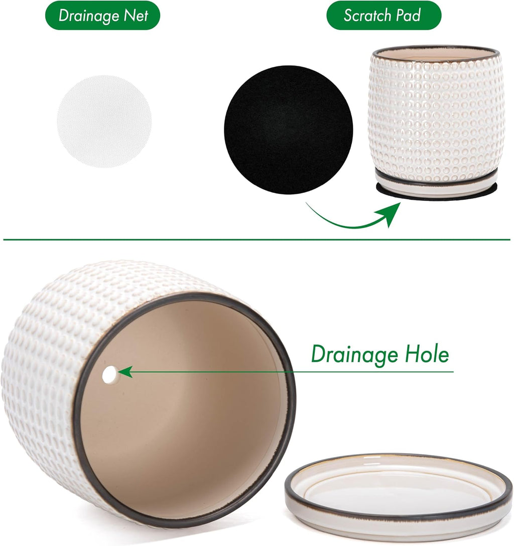 D'vine Dev Beaded Ceramic Pot with Saucer, 10 in, Smoked White, 27-C-P-1 | Embossed Dot Texture, Smooth Glazed Finish