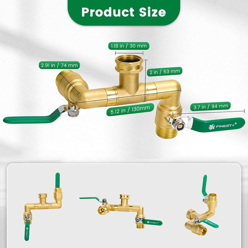2 Way Brass Garden Hose Splitter Heavy Duty, 360° Rotatable Y Valve, Full Flow Large Ball Valve, 304 Stainless Steel