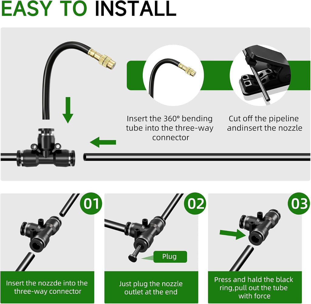 200FT 1/4" Drip Irrigation System, Garden Watering System Kit | with 32 Adjustable Copper Misting Nozzles fit for