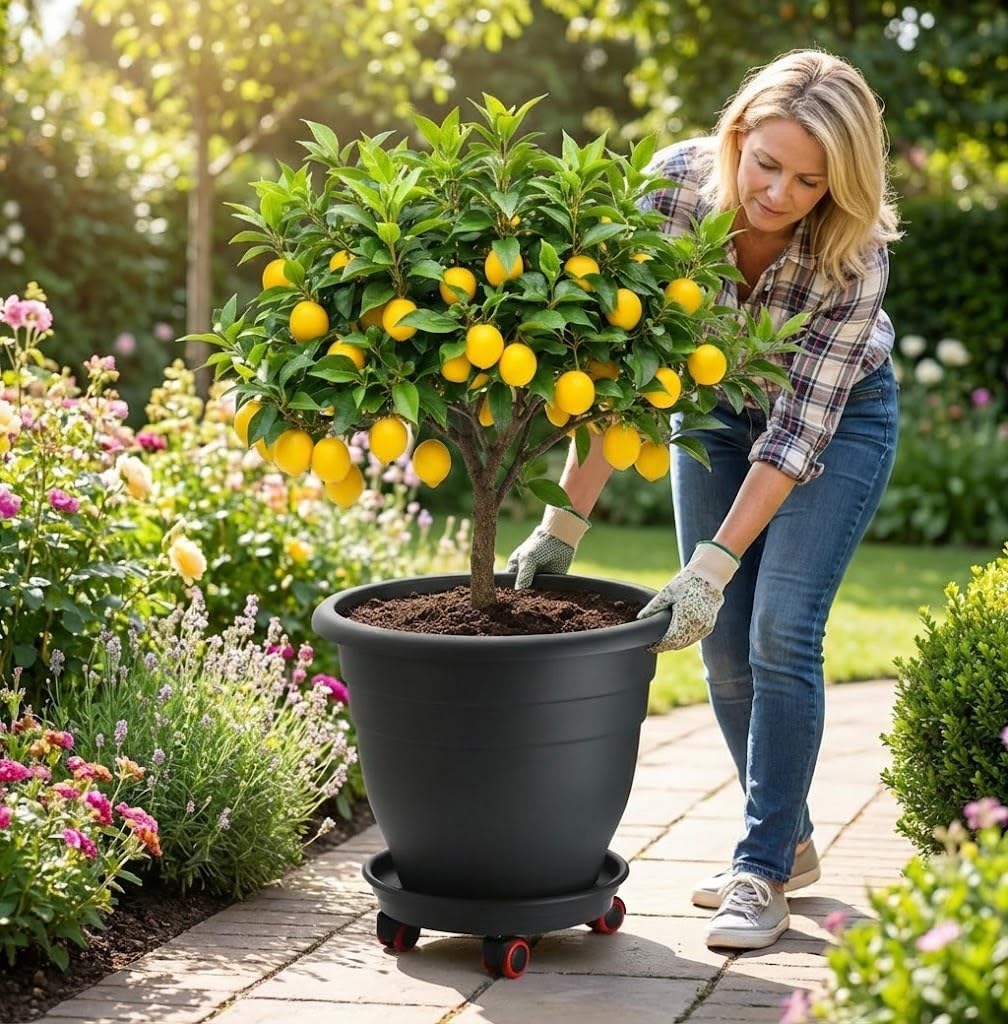RooTrimmer 3 Pack 20 Inch Large Plant Pots with 13.5 Inch Rolling Saucers,Heavy Duty Planters with Wheels and Drainage