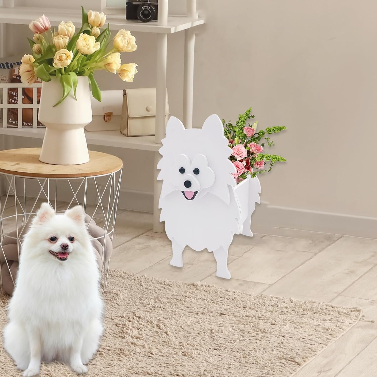 White Pomeranian Dog Planter Pots, Animal Shaped Flower Pot | Cute Plant Gift for Women and Pet Lovers, Indoor Outdoor