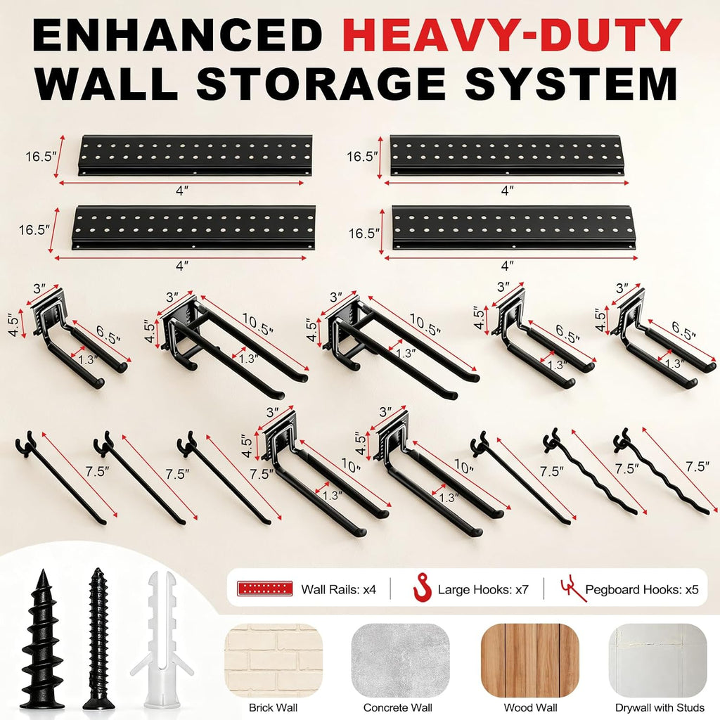 Garage Tool Organizer Wall Mount 66 inches with 13 Adjustable Heavy-Duty Hooks, Garage Organization, Garden Tool