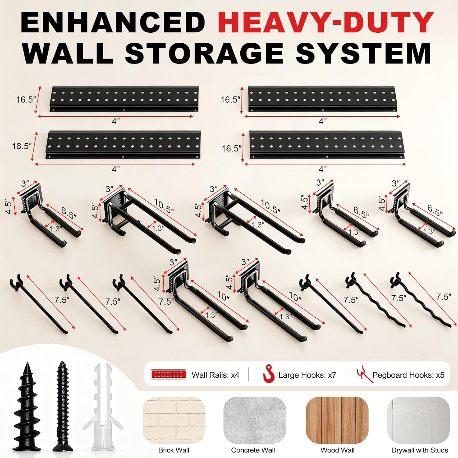 Garage Tool Organizer Wall Mount 66 inches with 13 Adjustable Heavy-Duty Hooks, Garage Organization, Garden Tool