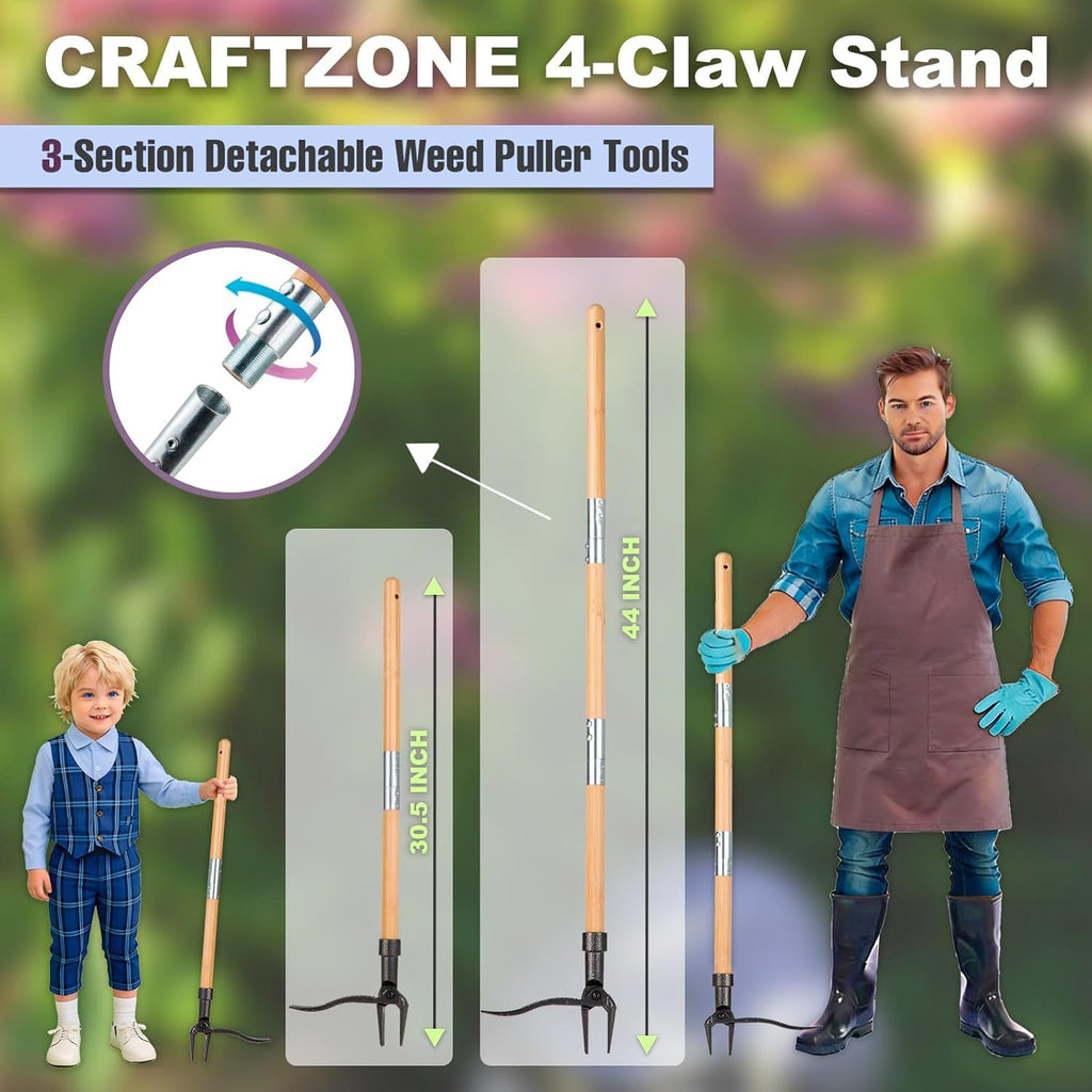 Weed Puller Stand Up Weed Puller Tool with Wooden Long Handle Foot Platform Design 4-Claw Steel Head & Removable