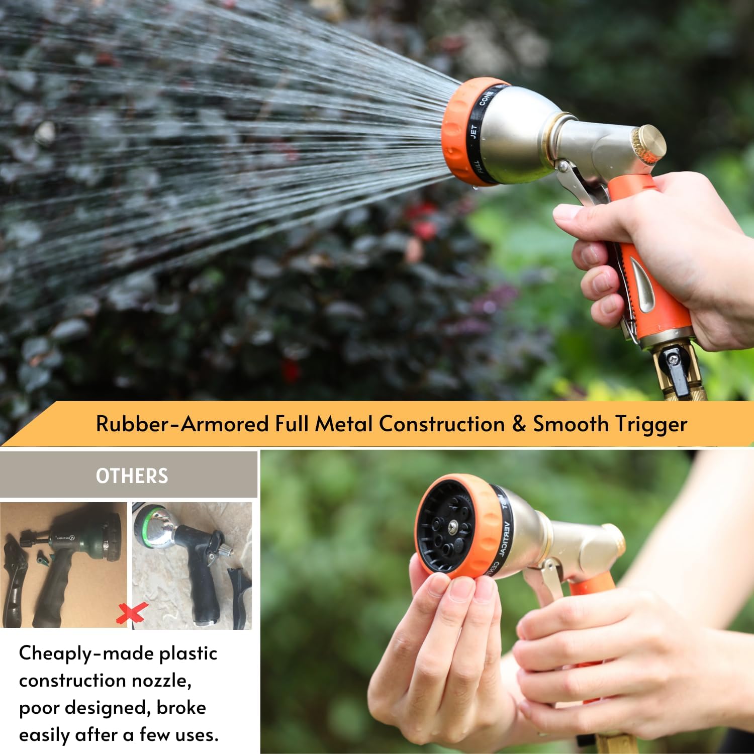 HOSUN 100% Metal Garden Hose Nozzle Sprayer with Ergonomic Handle, Orange