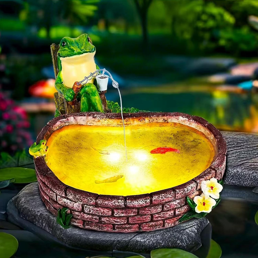 Solar Frog Fishing Statue Frog Garden Decor Lawn Ornament | Made Of Weather-Resistant Resin，Solar-Powered Led-Lit Fish