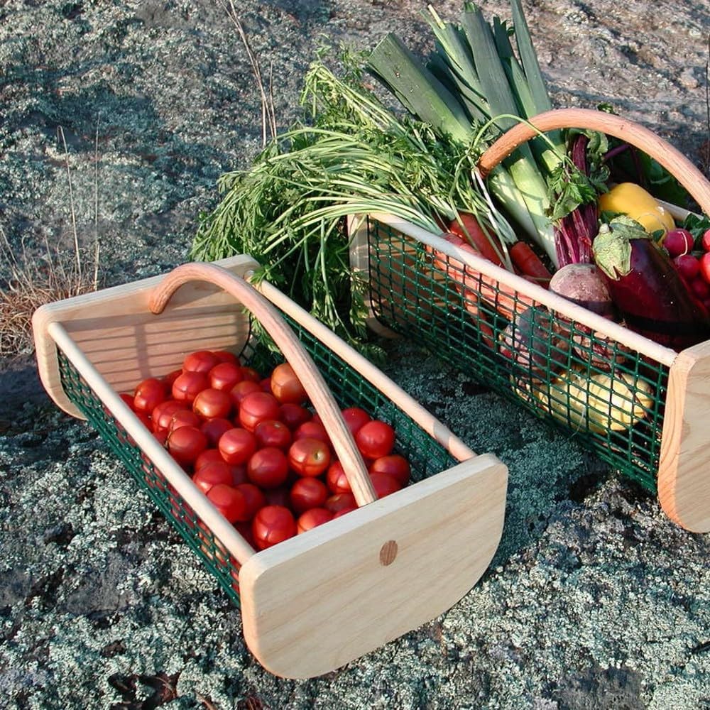 Maine Garden Hod Basket for Vegetable Gardening and Harvest Gathering or Farmhouse Decor, Pine and Oak with PVC Wire