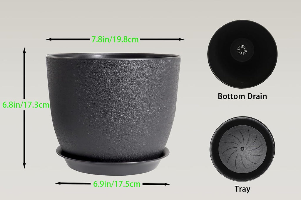 8 Inch Plant Pots Set of 4, Plastic Planters with Drainage Holes and Tray, Flower Pots for Indoor Outdoor Plants and