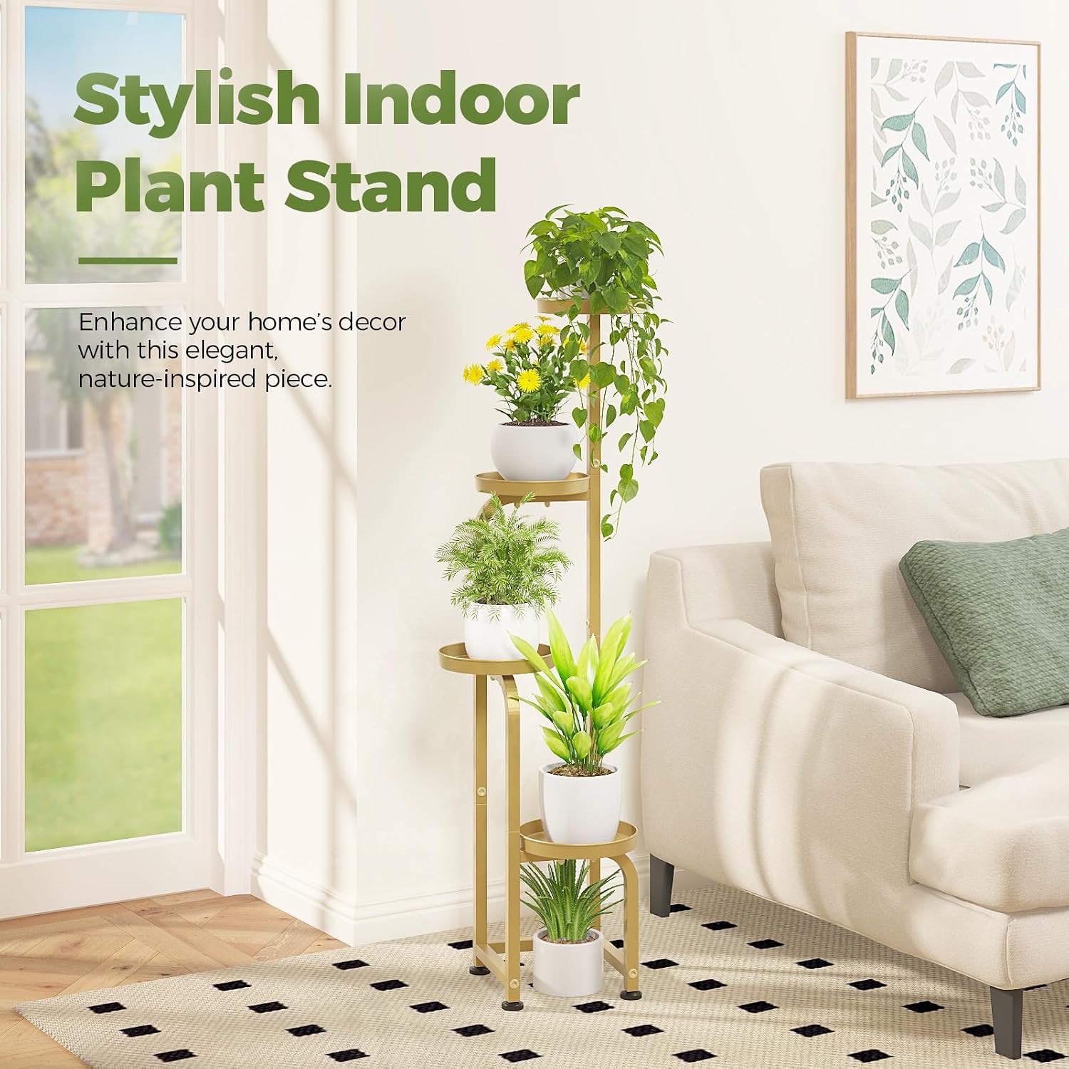 Bamworld Corner Plant Stand Indoor Outdoor Tall Metal Flower Pot Stands | 4 Tier Gold Heavy Duty Plant Shelf for Patio