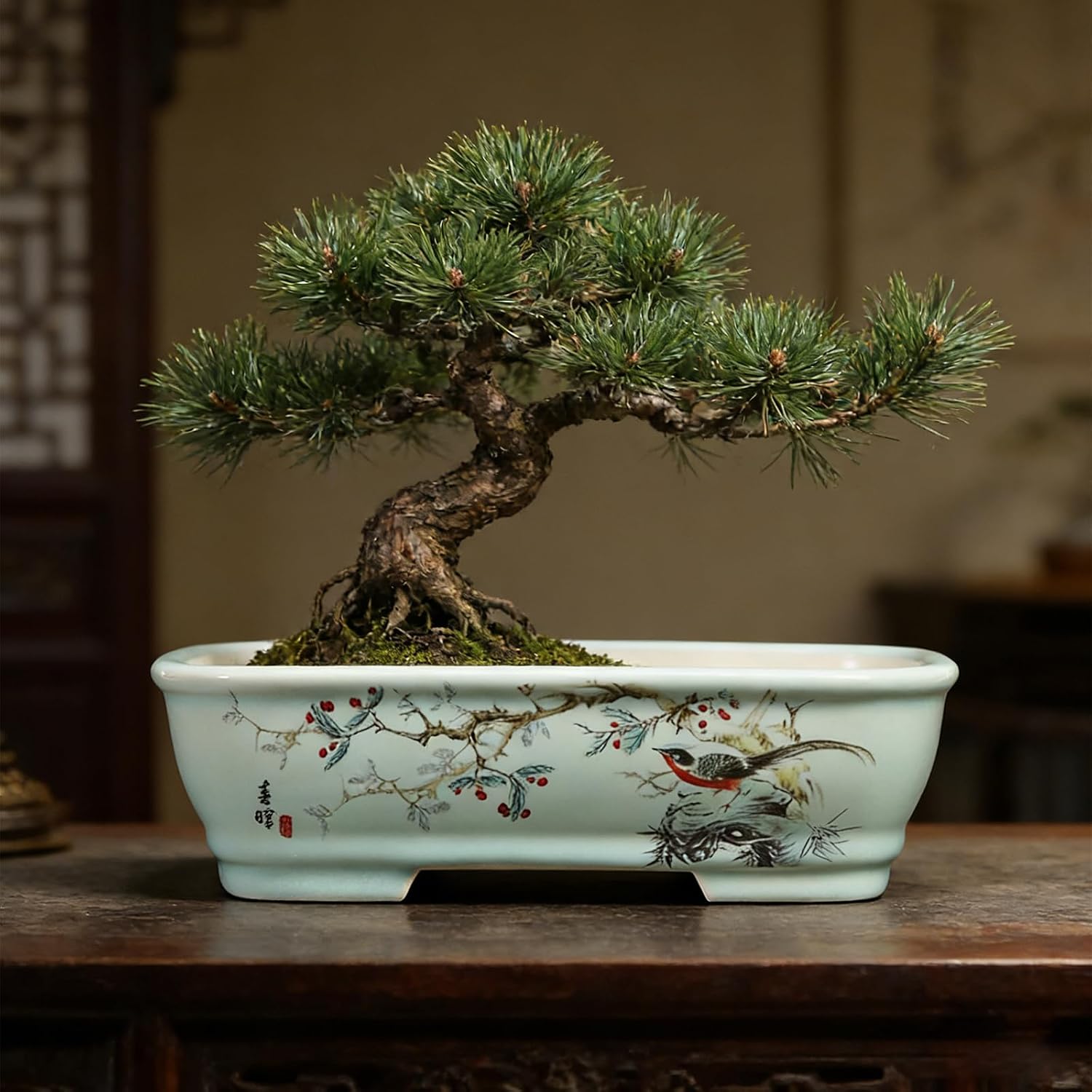 8" Bonsai Pots with Tray, Rectangular Planter in Blue & White | 8" glazed ceramic bonsai pots with tray, large shallow