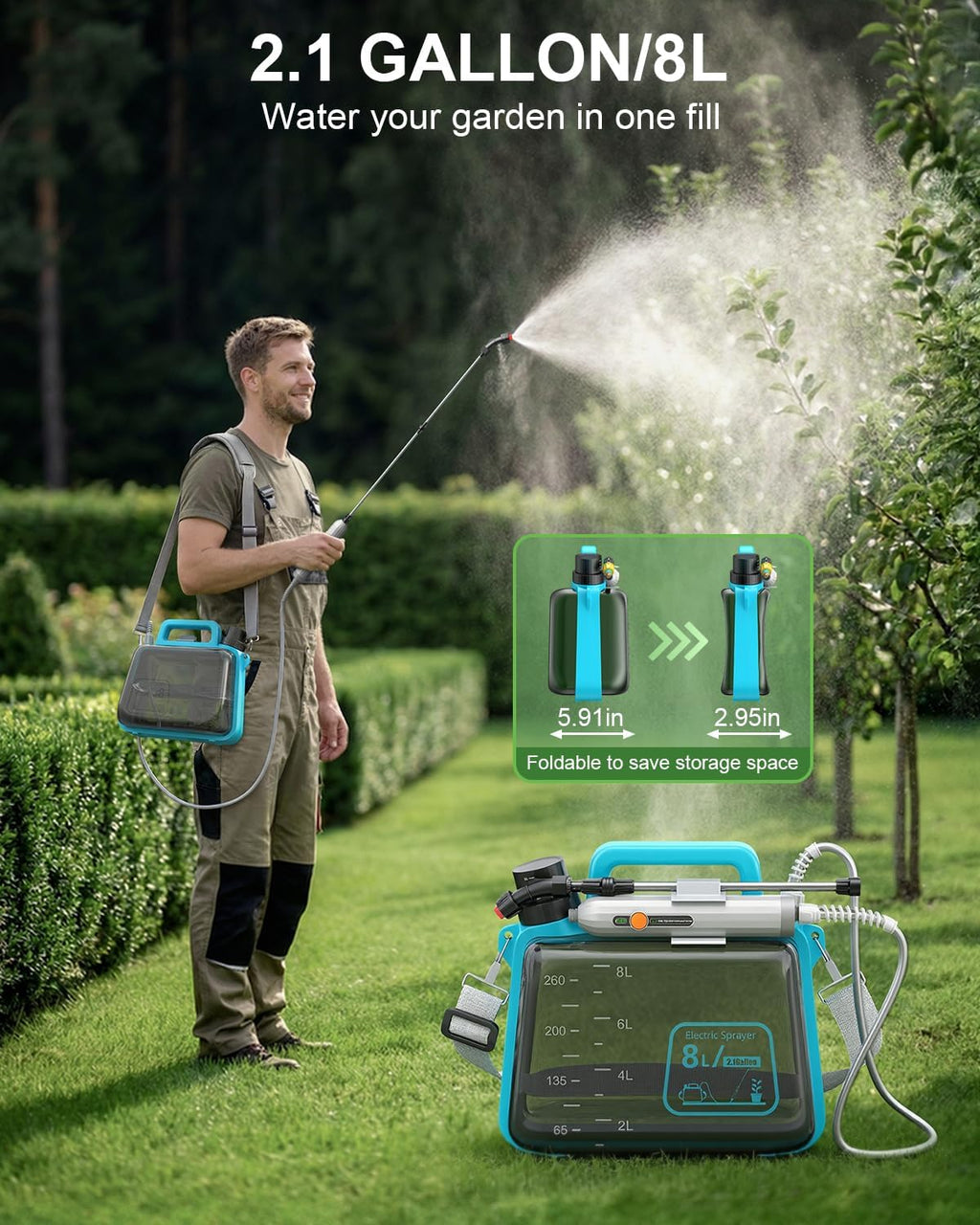 Battery Powered Garden Sprayer 2 Gallon, Electric Pump Sprayer with 3 Mist Nozzles, Rechargeable Handle, Telescopic