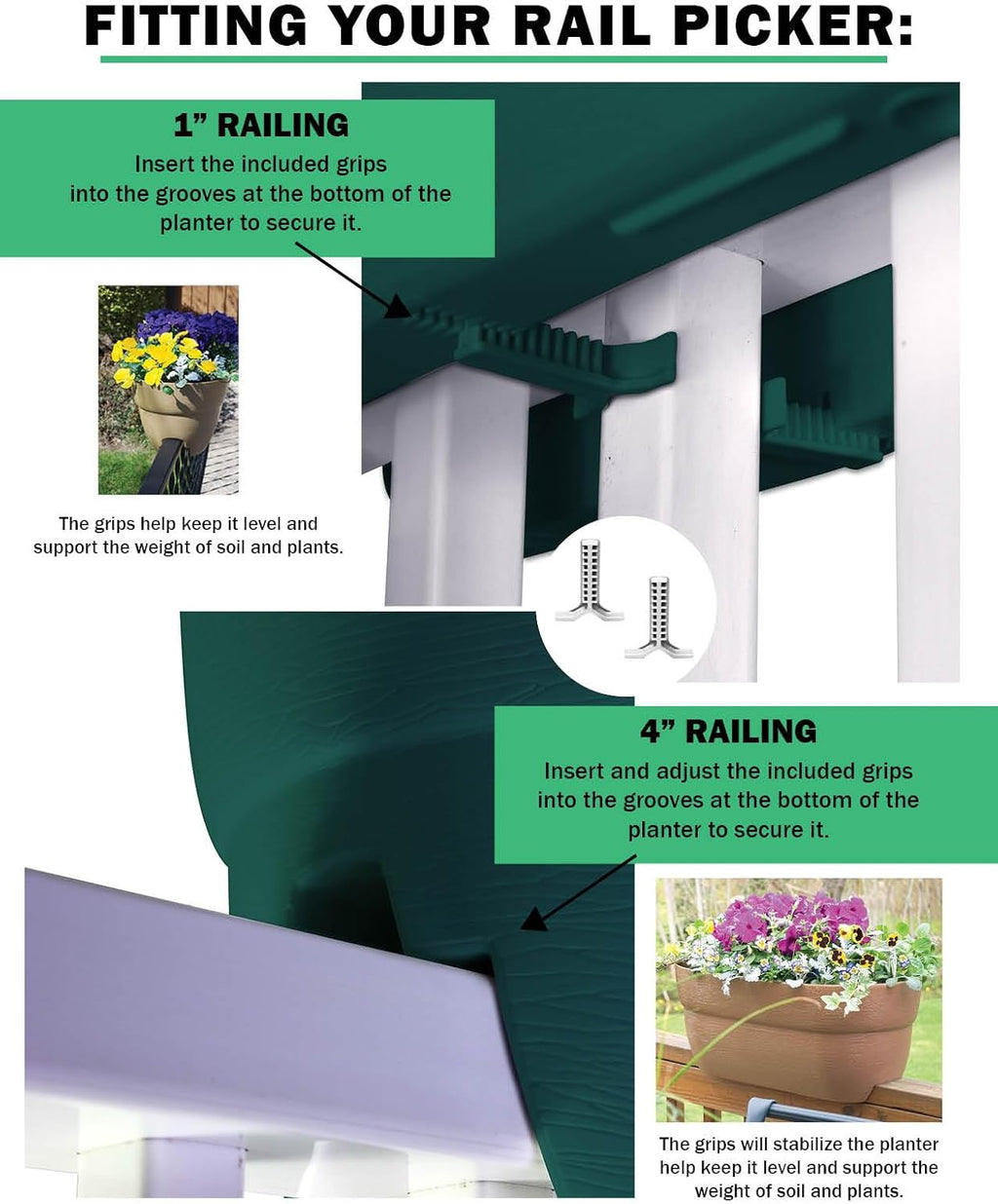 Bloomers Rail Picker Self-Watering Railing Planter Grow Box – 24" Weatherproof Resin Planter – Fits 1.25"–3.875" Wood &