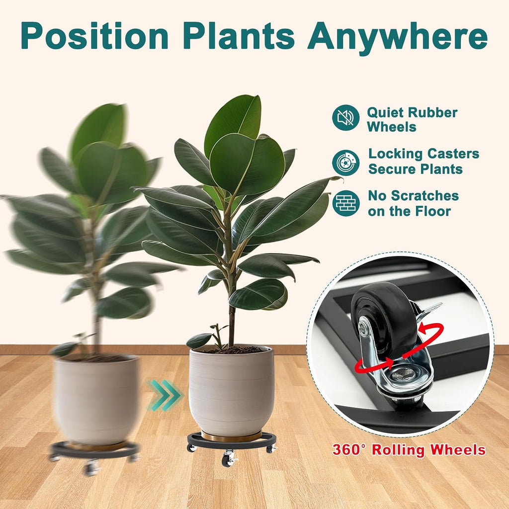 13" Metal Plant Caddy with Wheels, 2 Pack Rolling Plant Stand | Heavy Duty Plant Rollers with 360 Degree Lockable