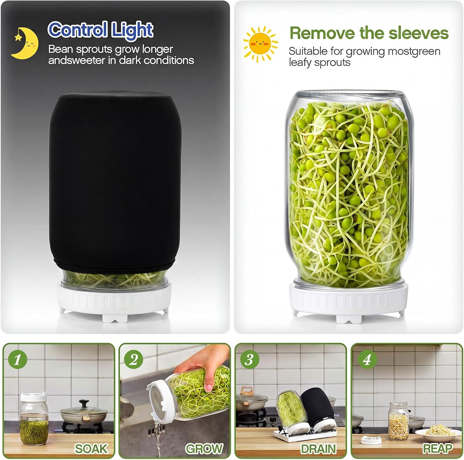 LemonRoad 9 Pcs Seed Sprouting Kit with 1000 ml Mason Jars and Blackout Sleeve, Separate Bracket 316 Stainless Steel
