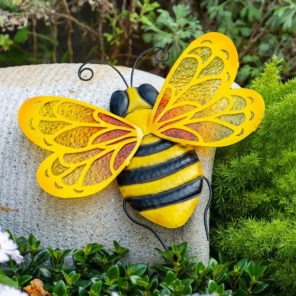 LIFFY Metal Bee Wall Decor,10" Hanging Glass Bumblebee Outdoor Decor,Decorative Garden Ornaments Outside for Home Patio
