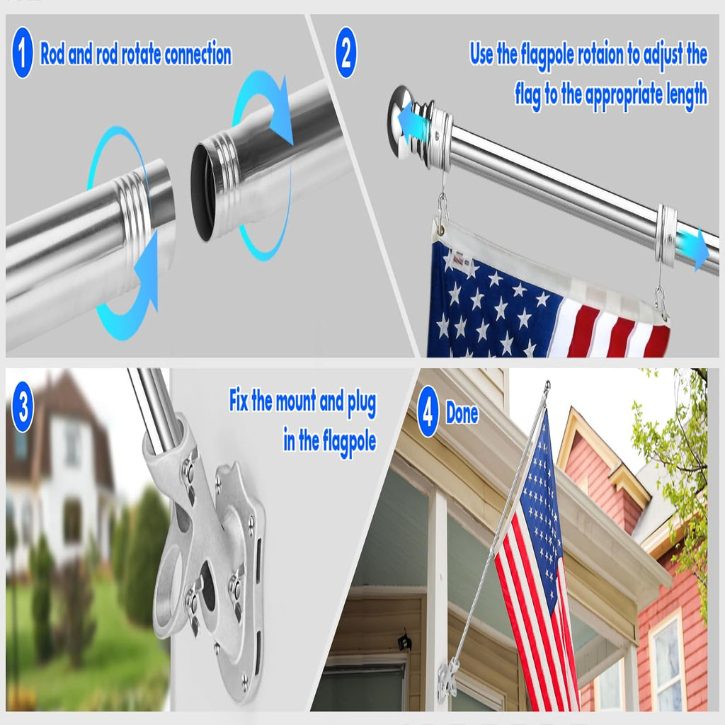 Anovo Flag Pole Kit- Stainless Steel 6 FT Flag Poles with1 Inch Metal 360° Rotating Flag Pole Rings Clip, Two-Position