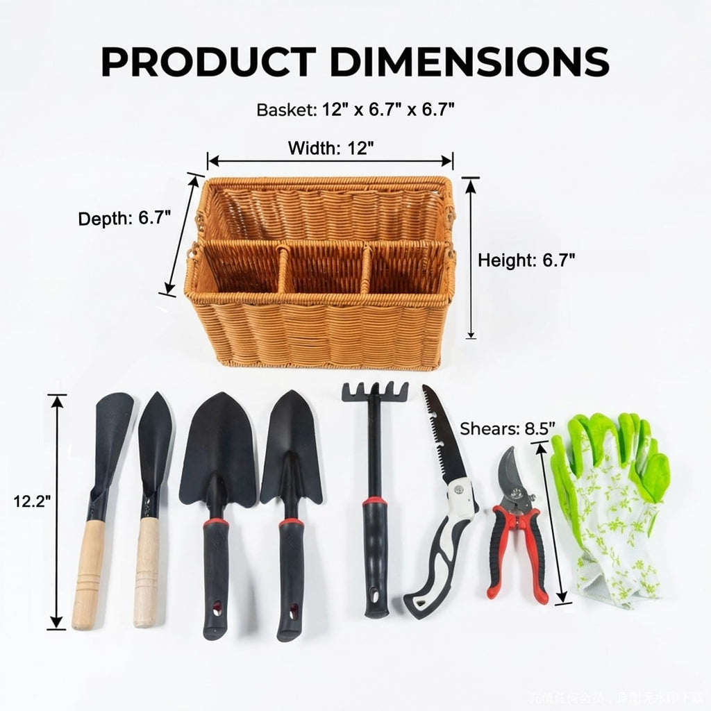 Garden Tools Set, 9 Pieces, Brown | Heavy Duty Stainless Steel, Includes Basket, Pruning Shears, Gloves Included, For