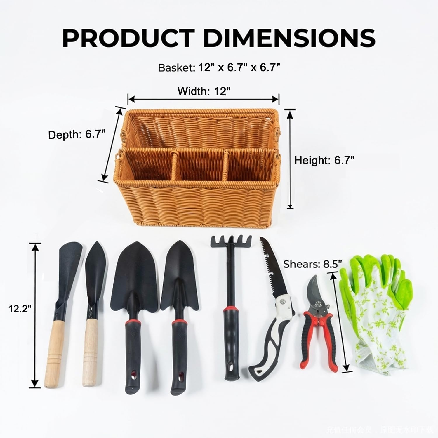 Garden Tools Set, 9 Pieces, Brown | Heavy Duty Stainless Steel, Includes Basket, Pruning Shears, Gloves Included, For