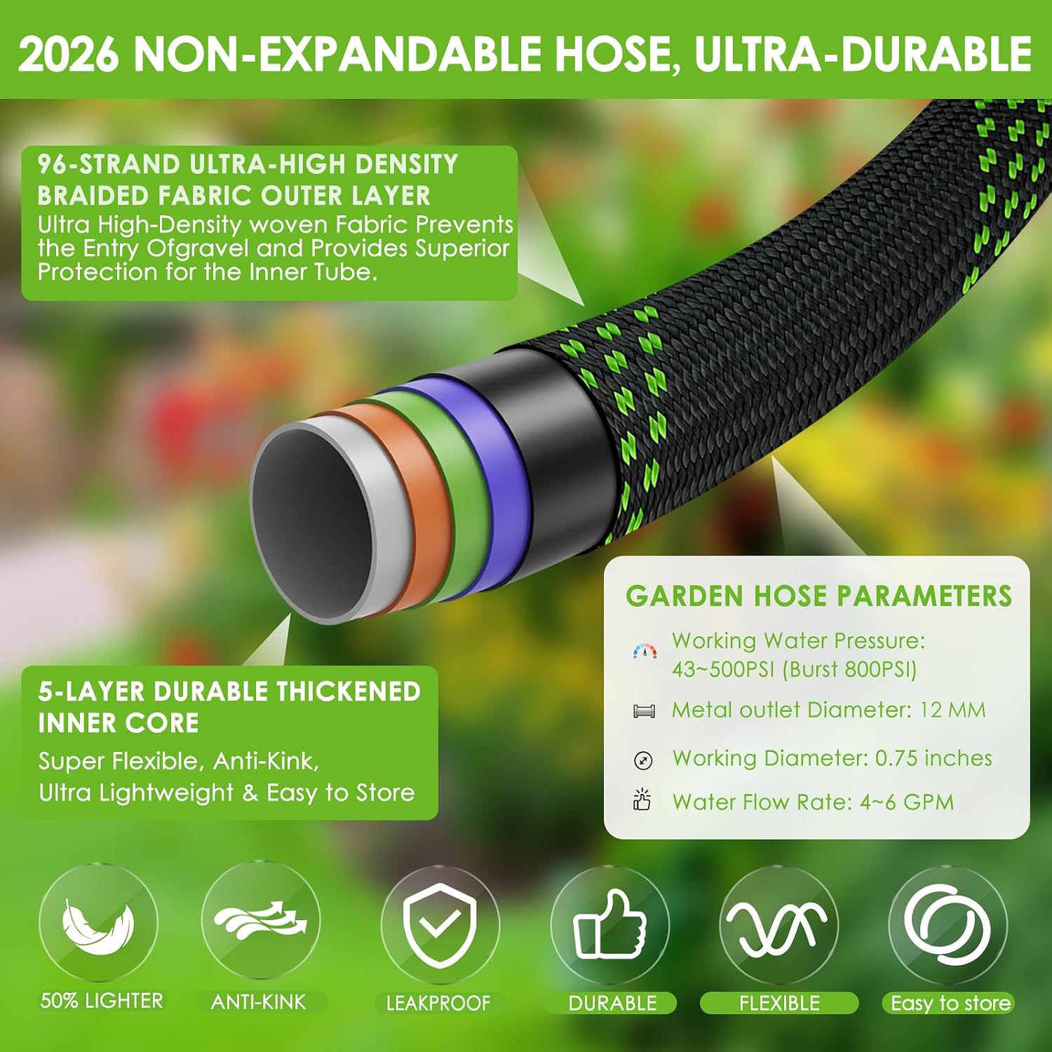 Garden Hose 100 ft, Non-Expandable Ultra-Lightweight Flexible Hose with 360° Dual-End Anti-Kink Design, 10-Pattern