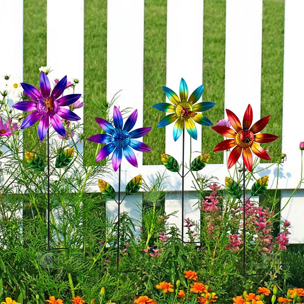 4 Packs Wind Spinner Outdoor, Pinwheels for Yard and Garden, Metal Flower Decorative Garden Stakes for Lawn Patio Porch