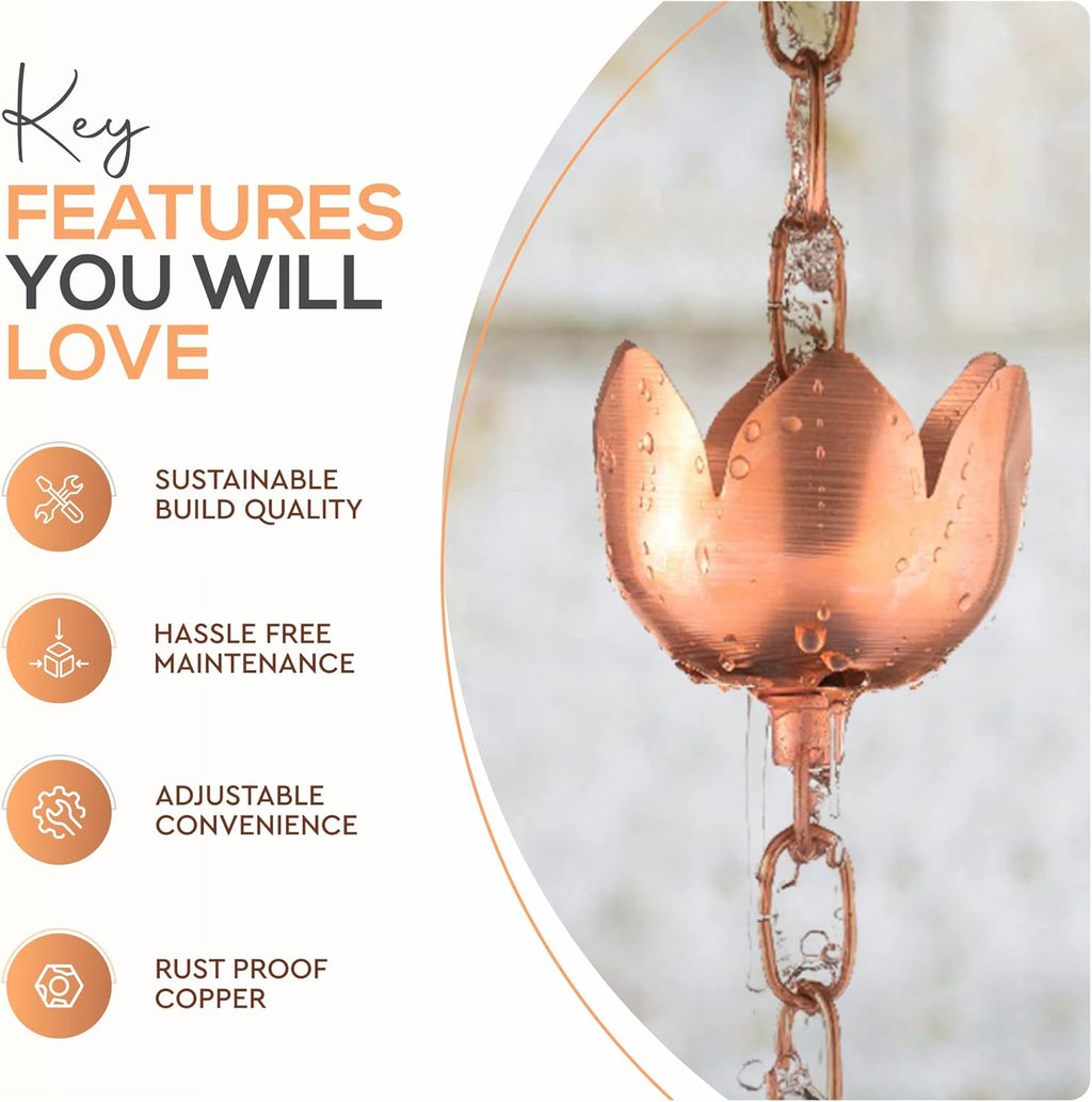 Copper Rain Chain – Decorative Chimes & Cups Replace Gutter Downspout & Divert Water Away from Home for Stunning