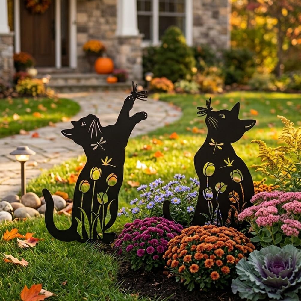 Metal Cat Garden Decor Black Cat Silhouette Yard Art Garden Stakes | Rust-proof Metal Black Cat Yard Decor Garden Art