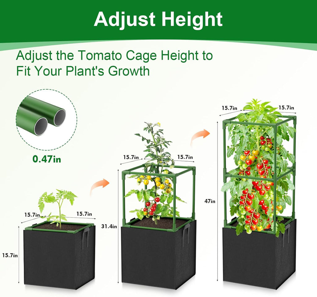 3 Pack Tomato Cages, Square Tomato Trellis with 17 Gallon Grow Bags,47IN Tall Heavy Duty Tomato Plant Support Stakes