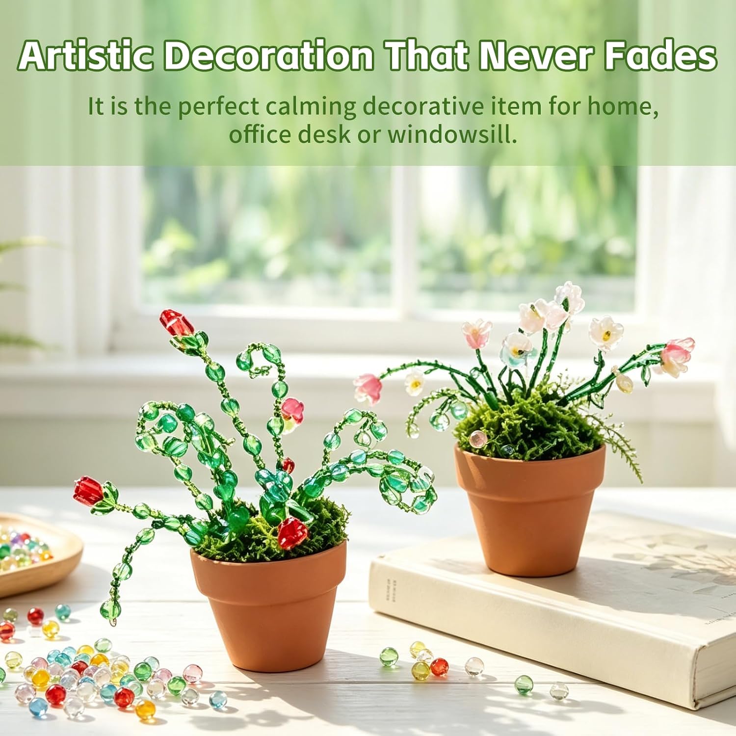 DREVIONARA 6384pcs Beaded Plants Kit Magnets for Fridge,Forever Plant Kit with Green Beads Leaf Glass Flowers for