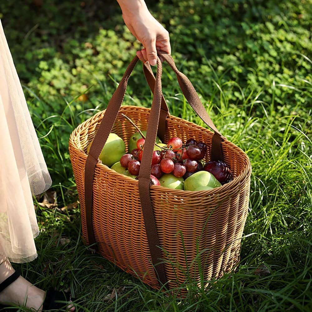 Large Wicker Picnic Basket, Garden Harvest Basket, Wicker Shopping Baskets with Cloth Handles, Reusable Handwoven