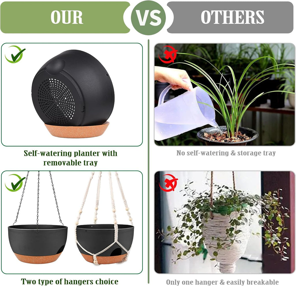 12 Inch Self Watering Hanging Planters with Removable Reservoir, 2 Pack | Drainage Holes, Metal Chain, for