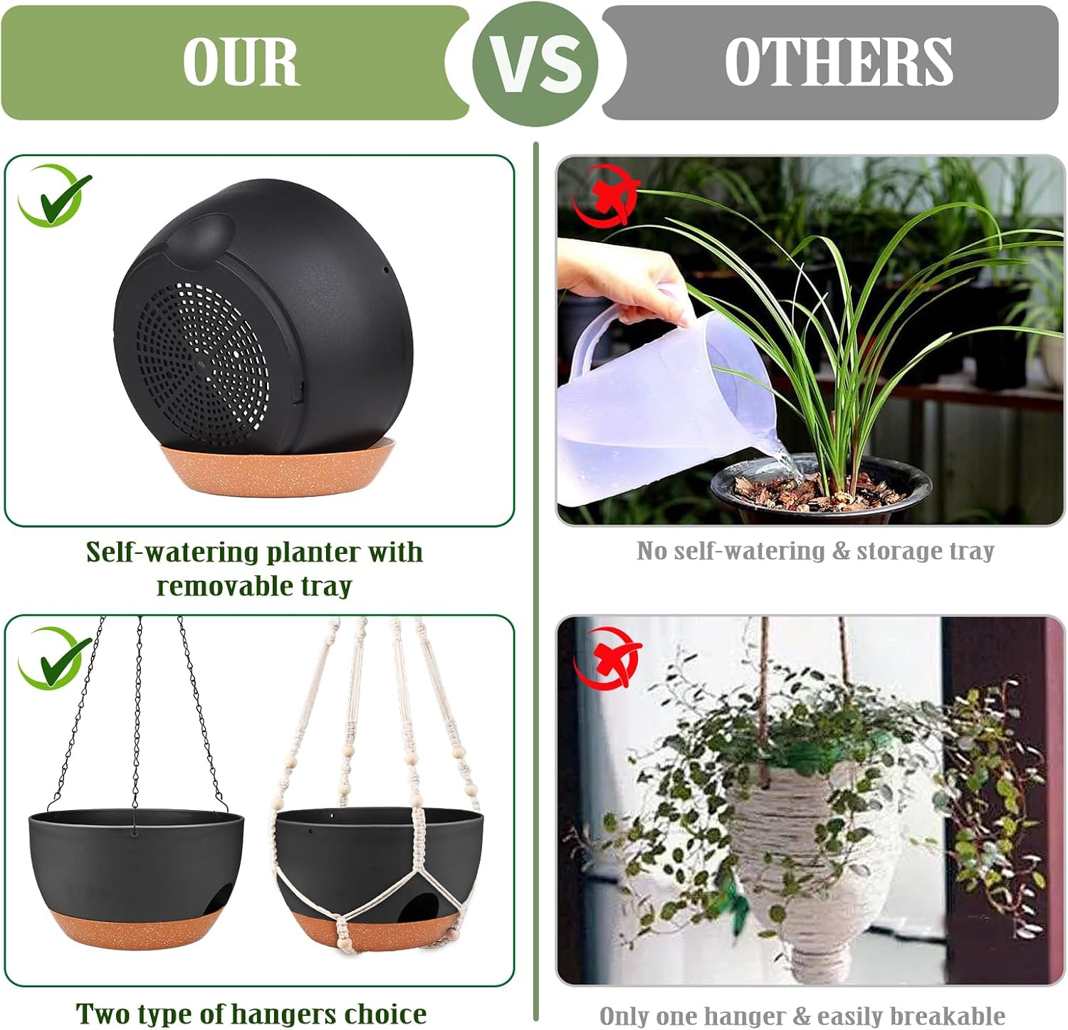 12 Inch Self Watering Hanging Planters with Removable Reservoir, 2 Pack | Drainage Holes, Metal Chain, for
