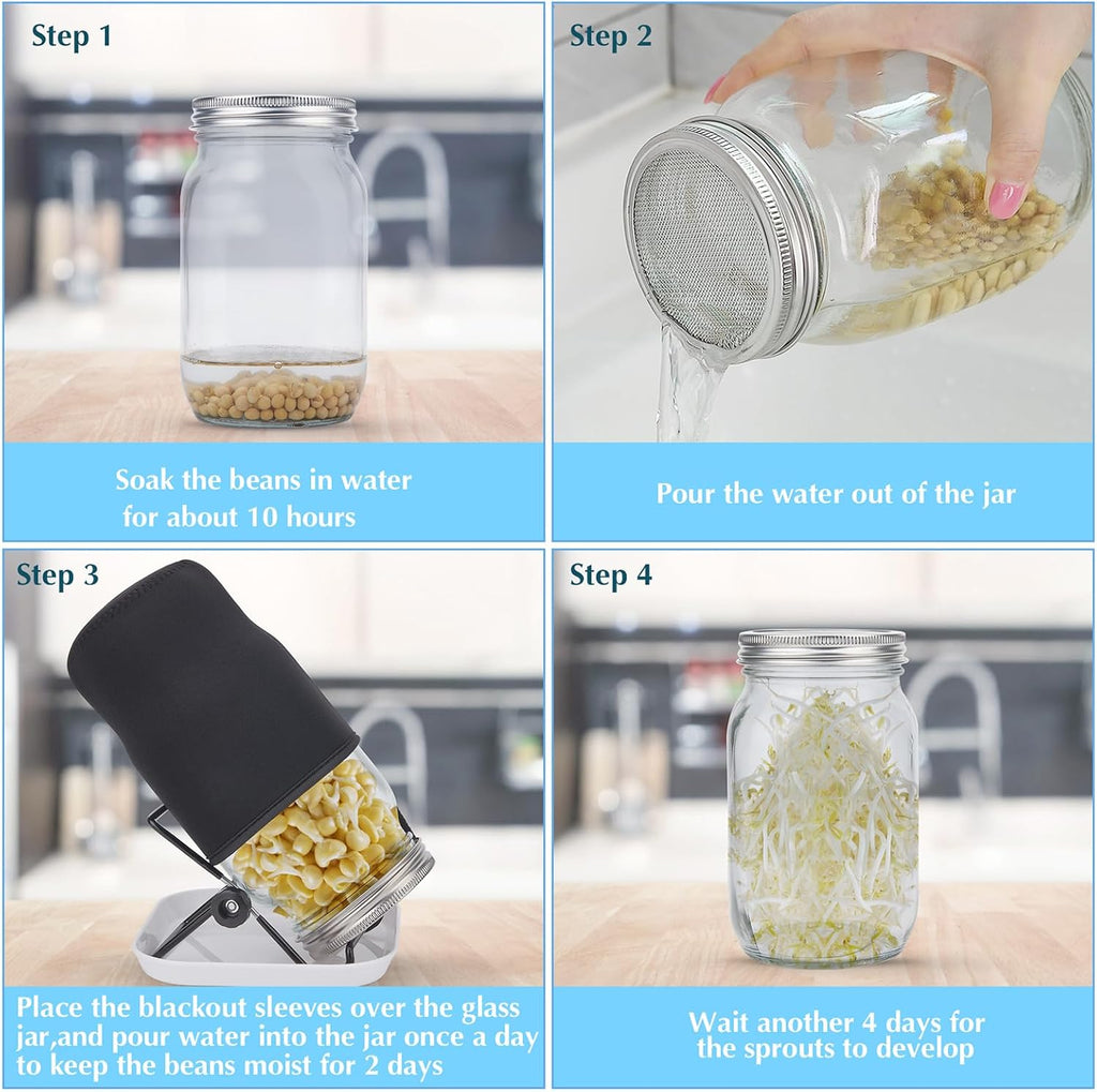 4Pack Sprouting Kit,1000ml Sprouting Jar with Mesh Lids and Stands, Microgreens Sprouts Growing Kit, Broccoli Sprouts