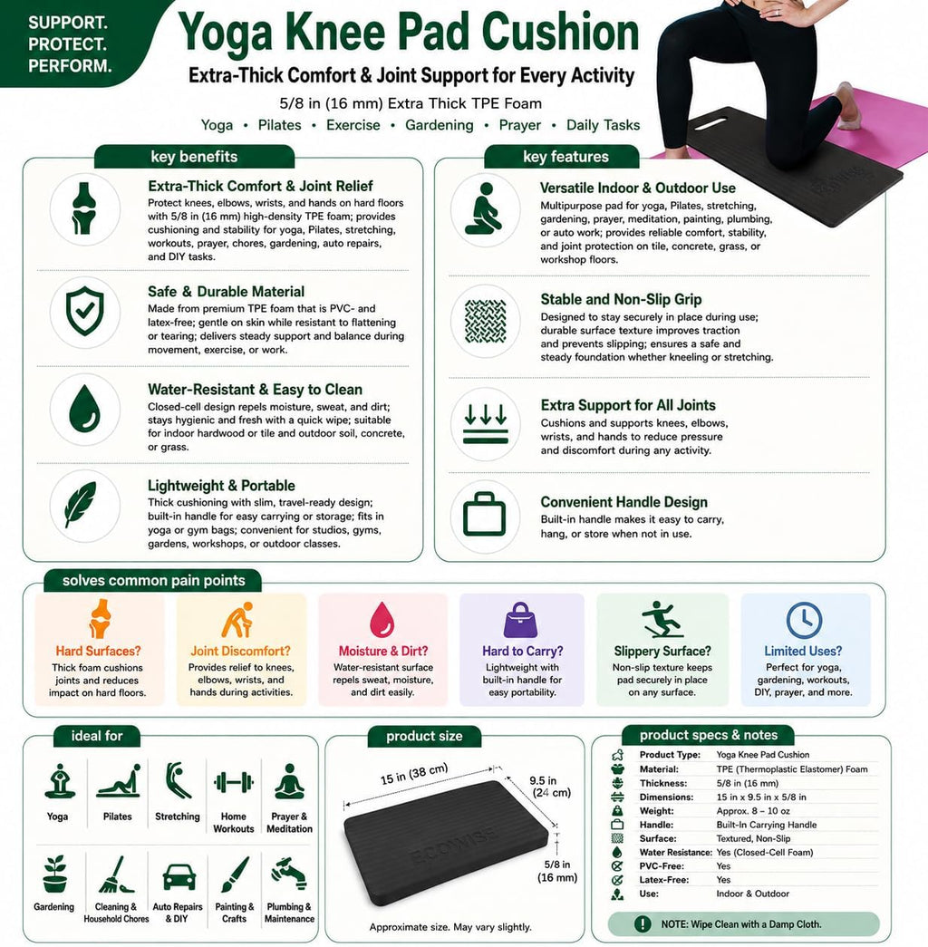 Ecowise Yoga Knee Pad Cushion – 5/8 inch Extra Thick Foam Pad for Yoga, Pilates and Exercise, Comfortable Kneeling Pad