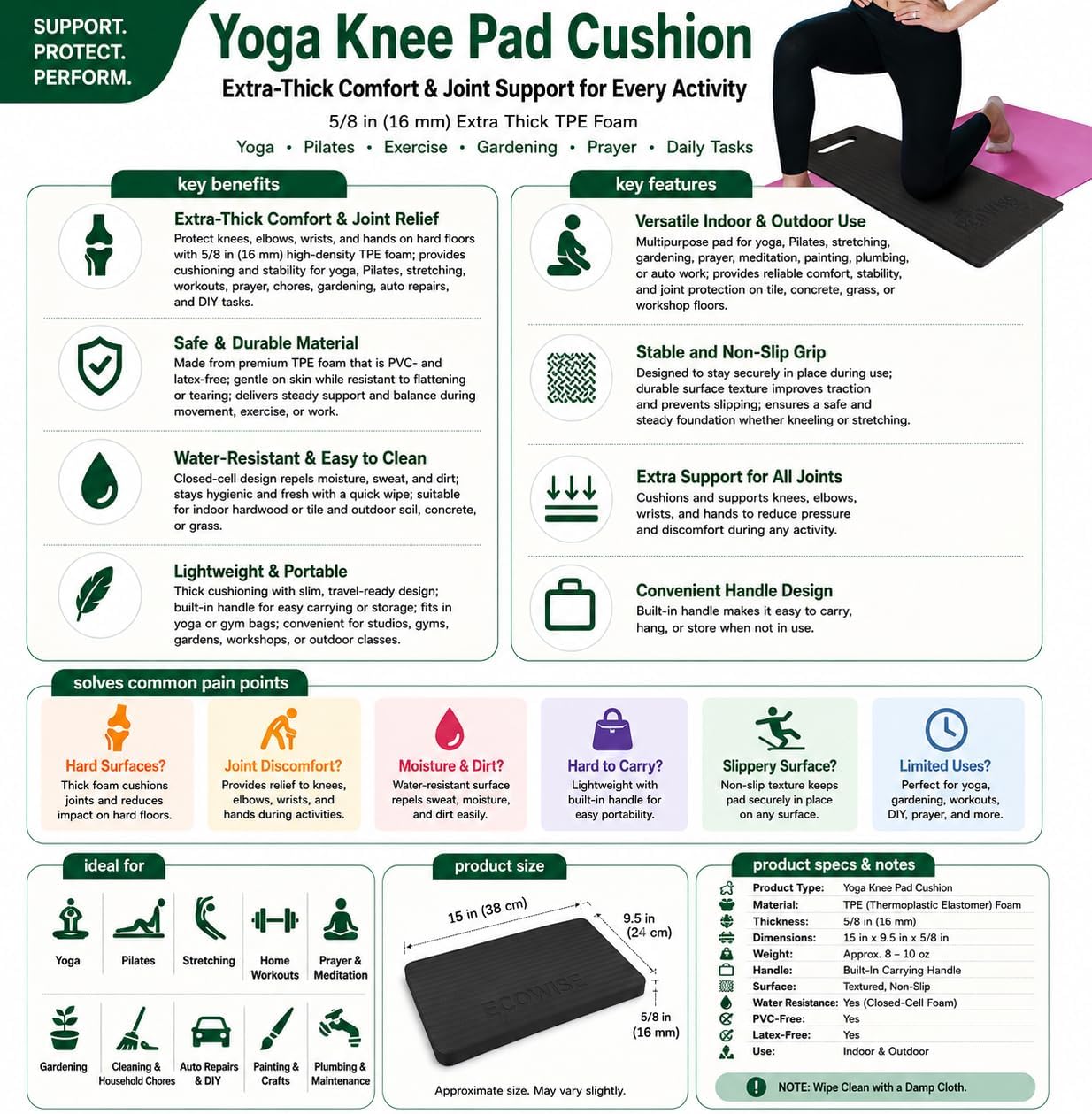 Ecowise Yoga Knee Pad Cushion – 5/8 inch Extra Thick Foam Pad for Yoga, Pilates and Exercise, Comfortable Kneeling Pad