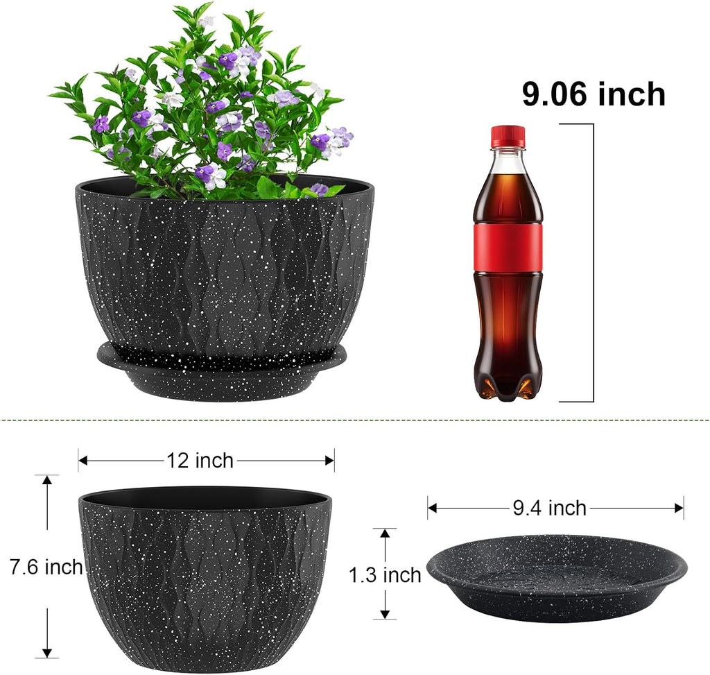 12 inch Large Plant Pots, Flower Pots with Multi-Mesh Drainage Holes and Saucer, Plastic Planters for Indoor and