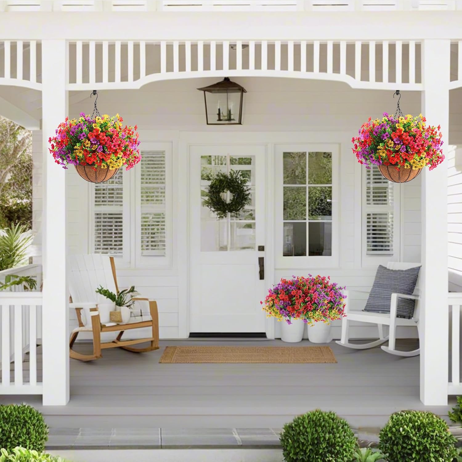 Hananona 2 Set Artificial Outdoor Flowers with Hanging Basket, 2 Hanging Planters with 24 Pcs Flowers for Spring Summer