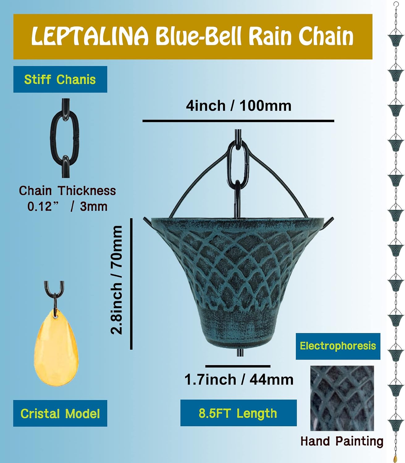 8.5FT Bell Iron Rain Chain for Gutters and Rain Barrel+Adapter, Blue | Rain Chains for Downspout, Rust-Prevent Plated