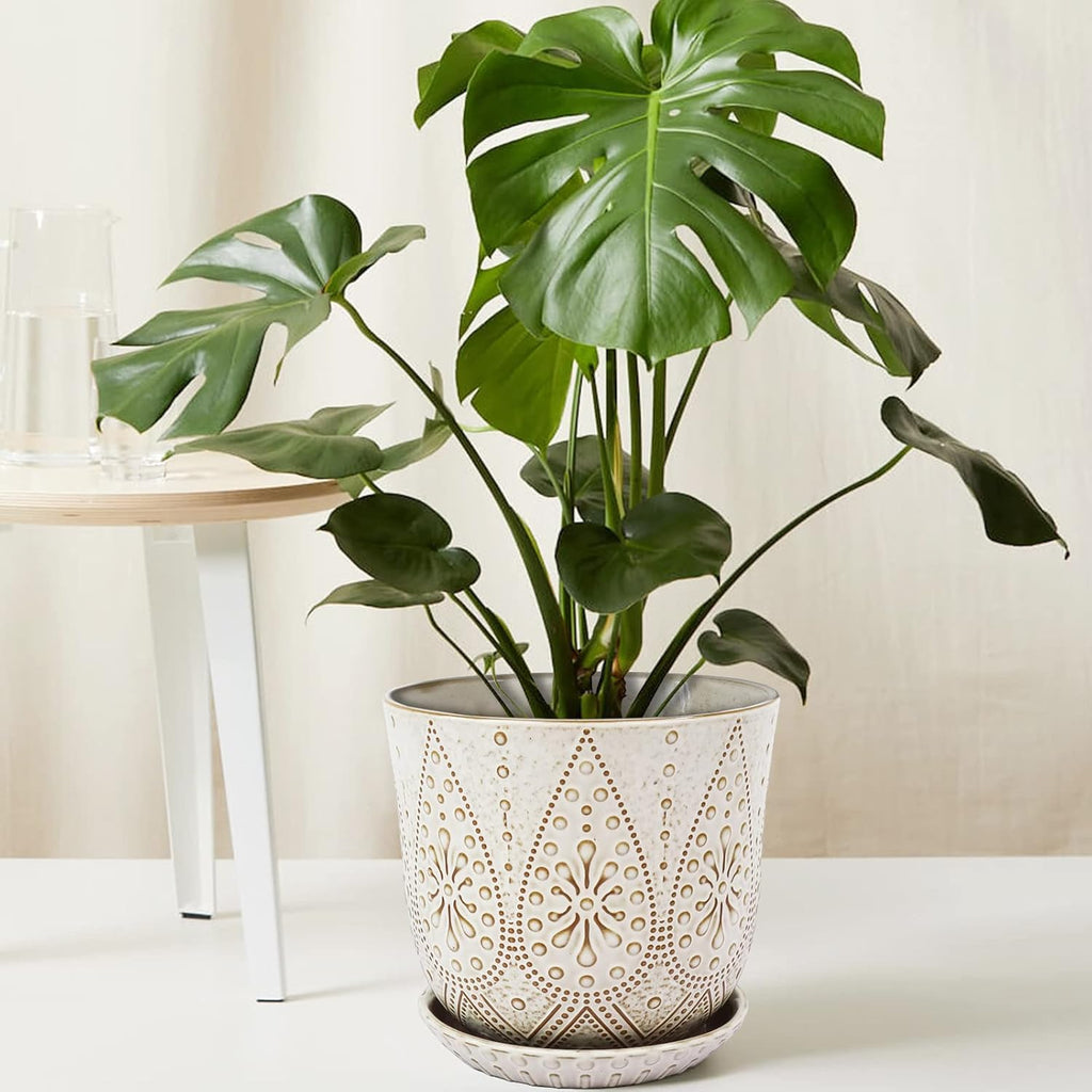 Gepege 8 Inch White Ceramic Plant Pot with Drainage & Saucer | Large ceramic plant pot with drainage hole, ceramic