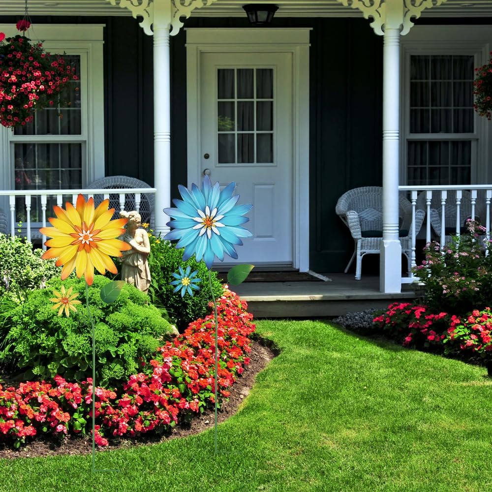 Garden Decor for Outside, 35.4“ Set of 2 Metal Flowers Decorative Garden Stakes for Spring Decor, Yard Art Flower