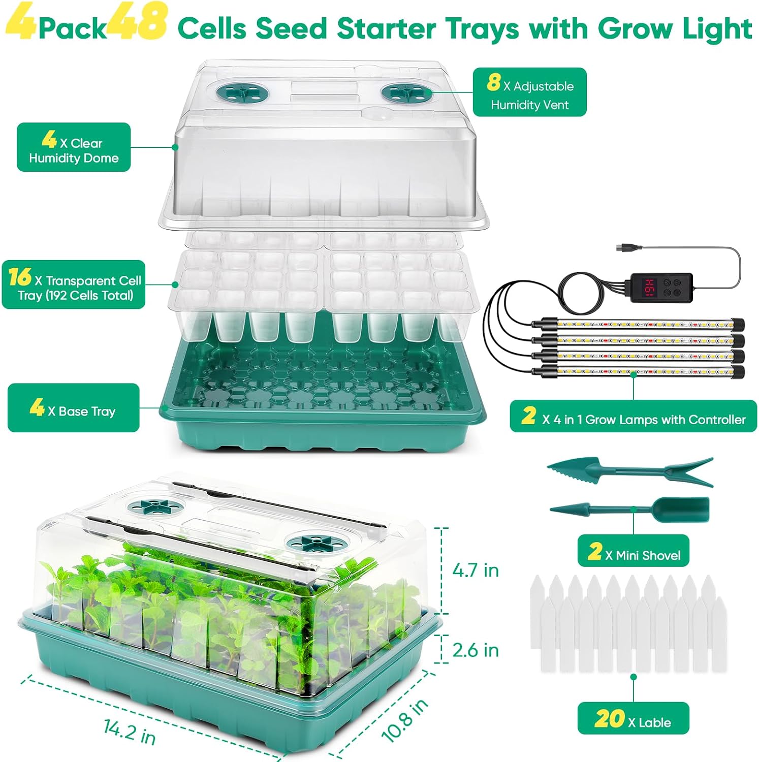 192 Cell Seed Starter Tray with Grow Light, Seed Starter Kit with Adjustable Humidity Dome, Seed Starting Trays Plant